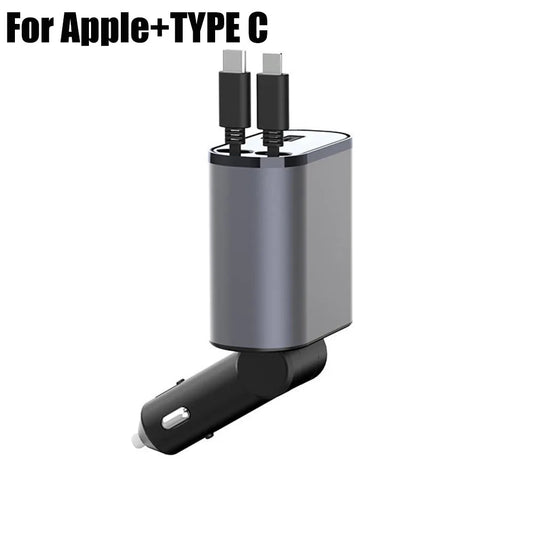 100W 4 in 1 Retractable Car Charger USB Type C Cable for Iphone Fast Cord Cigarette Lighter Adapter